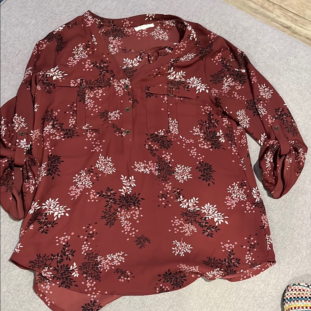 Maurices Red Tie Front Blouse with Bib Collar